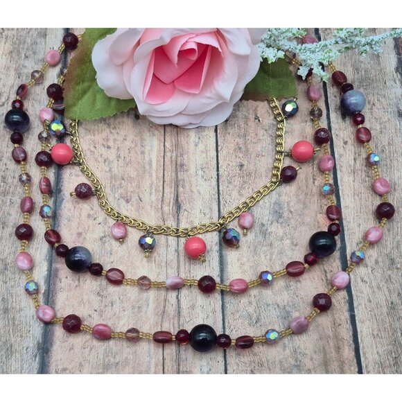Pretty Gold Tone Multi Strand Beaded Shades of Pink Boho Necklace 19" Layered - Picture 1 of 9